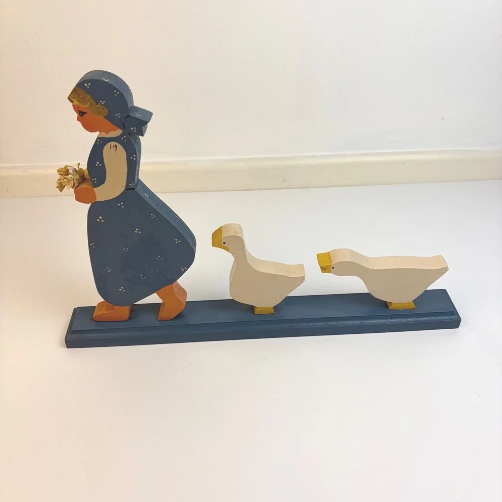 VTG Country Feelings Wooden Folk Art Girl With Geese Primitive Country Decor
